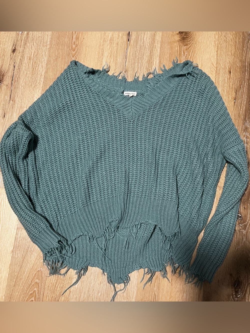 Large Main Strip Teal Distressed Crewneck Sweater